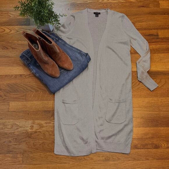 Halogen Womens XS Tan Beige Linen Open Front Long Sleeve Cardigan Corporatecore - Picture 1 of 11